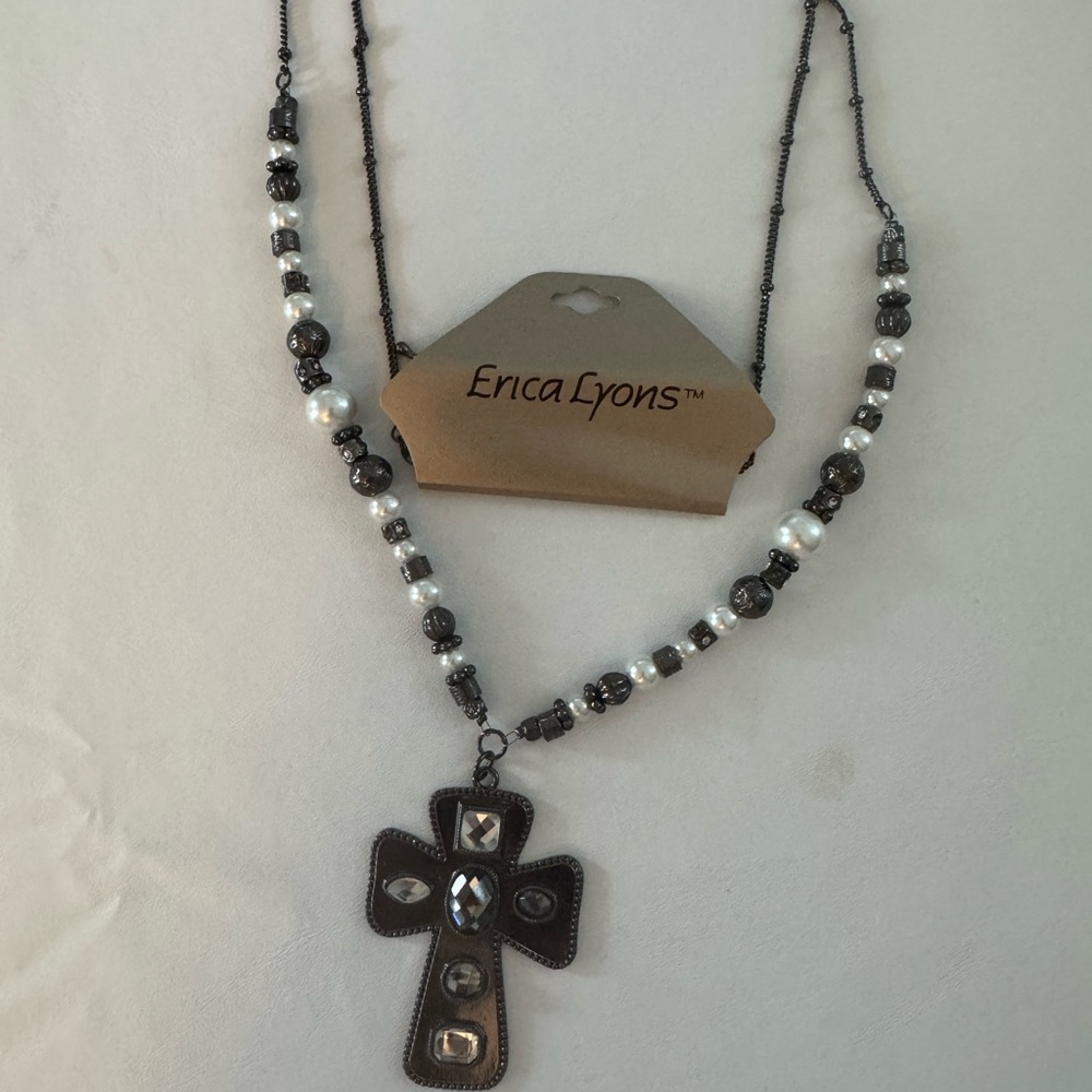 Erica Lyons Black and White Beaded Cross Necklace